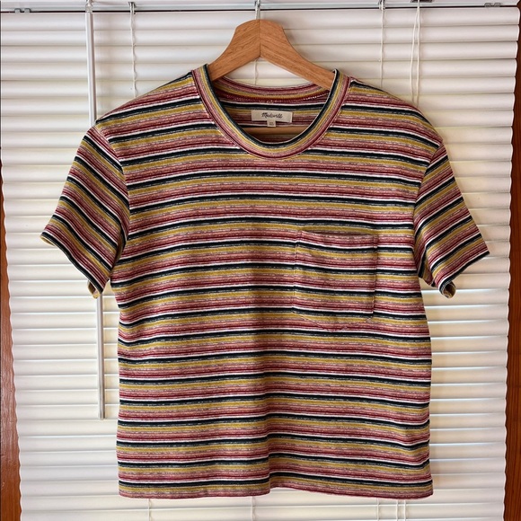 Madewell Tops - Madewell Short Sleeve Striped Pocket Tee in Burgundy, Mustard & Navy